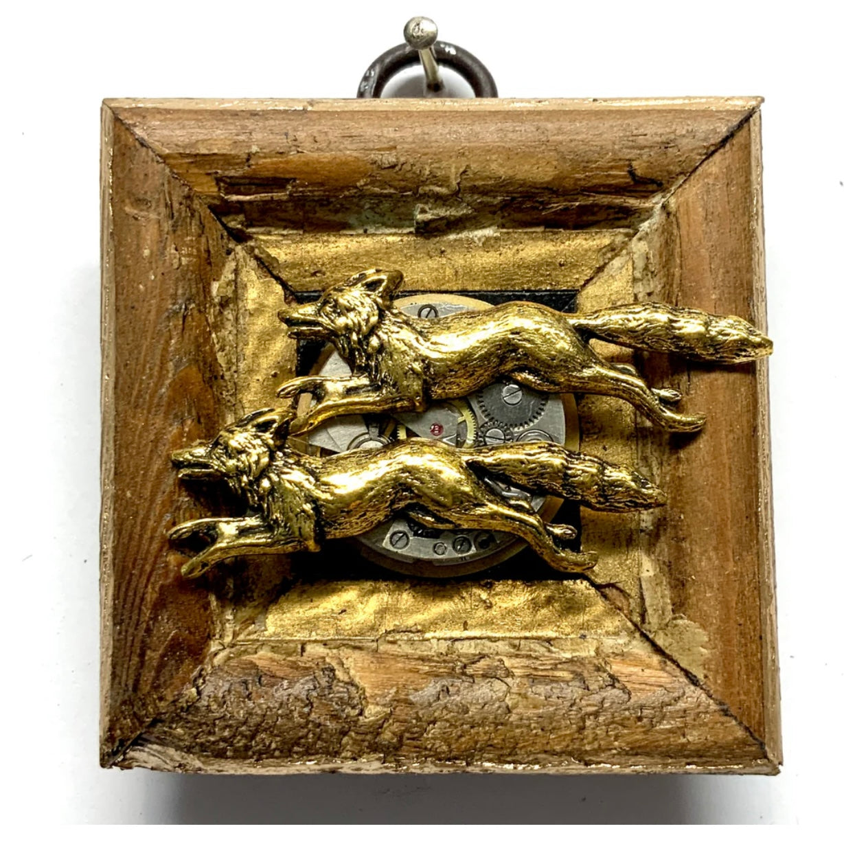 Wooden Frame with Foxes on Watch Gears