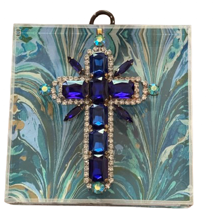 Marble Paper-backed Acrylic Frame with Rhinestone Cross